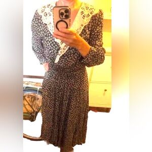 Jane Singer Dress Sz 14 Black White Floral 80's Vtg Lace Collar Prairie